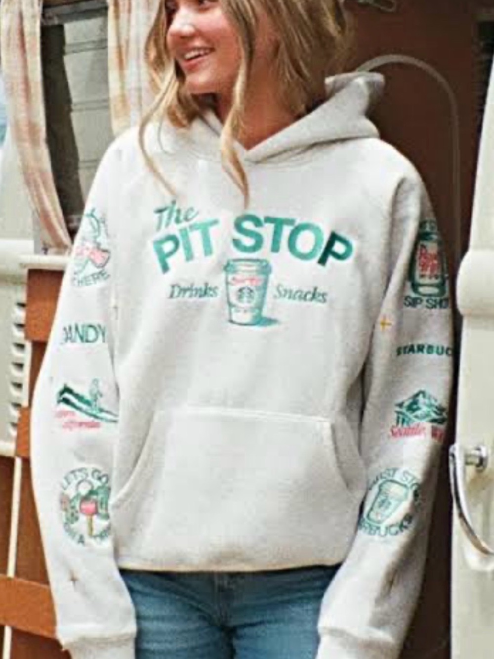 Pit Stop Graphic Hoodie Sweatshirt - Cream with Teal Print